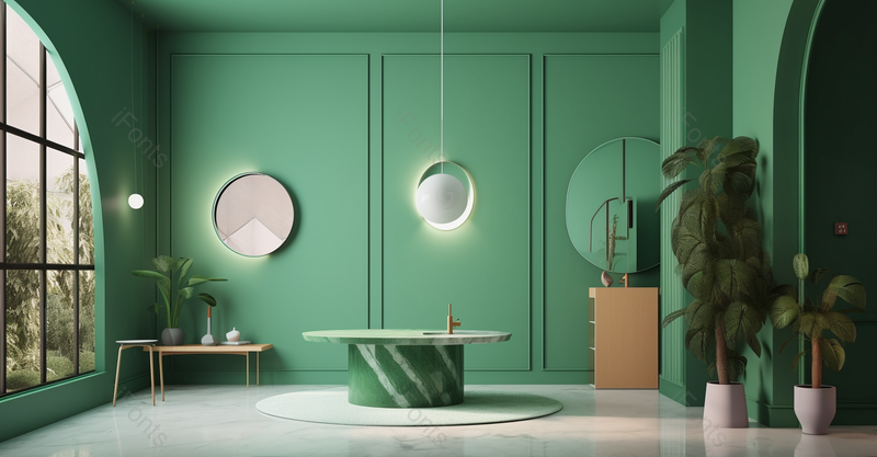 一间有绿色墙壁和圆形装饰的公寓风格朦胧,高清,摄影图,摄影图片,图片大全,摄影图免费下载